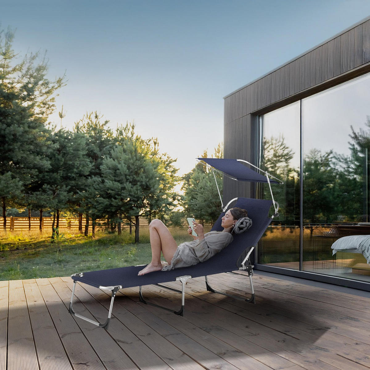 SONNENLIEGE mit Sonnendach, bis 120 kg - Dunkelblau, Textil (60/28/188cm) - Outtec