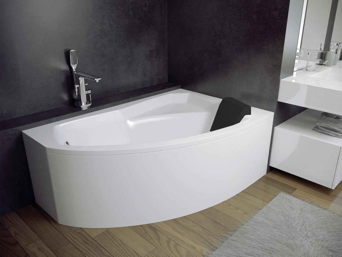 BADEWANNE Eckwanne RIMA 150/95 Rechts mit schwarzer Kopfstützen Ablauf Füße - Weiß, Kunststoff (95/58.5/150cm) - bad land
