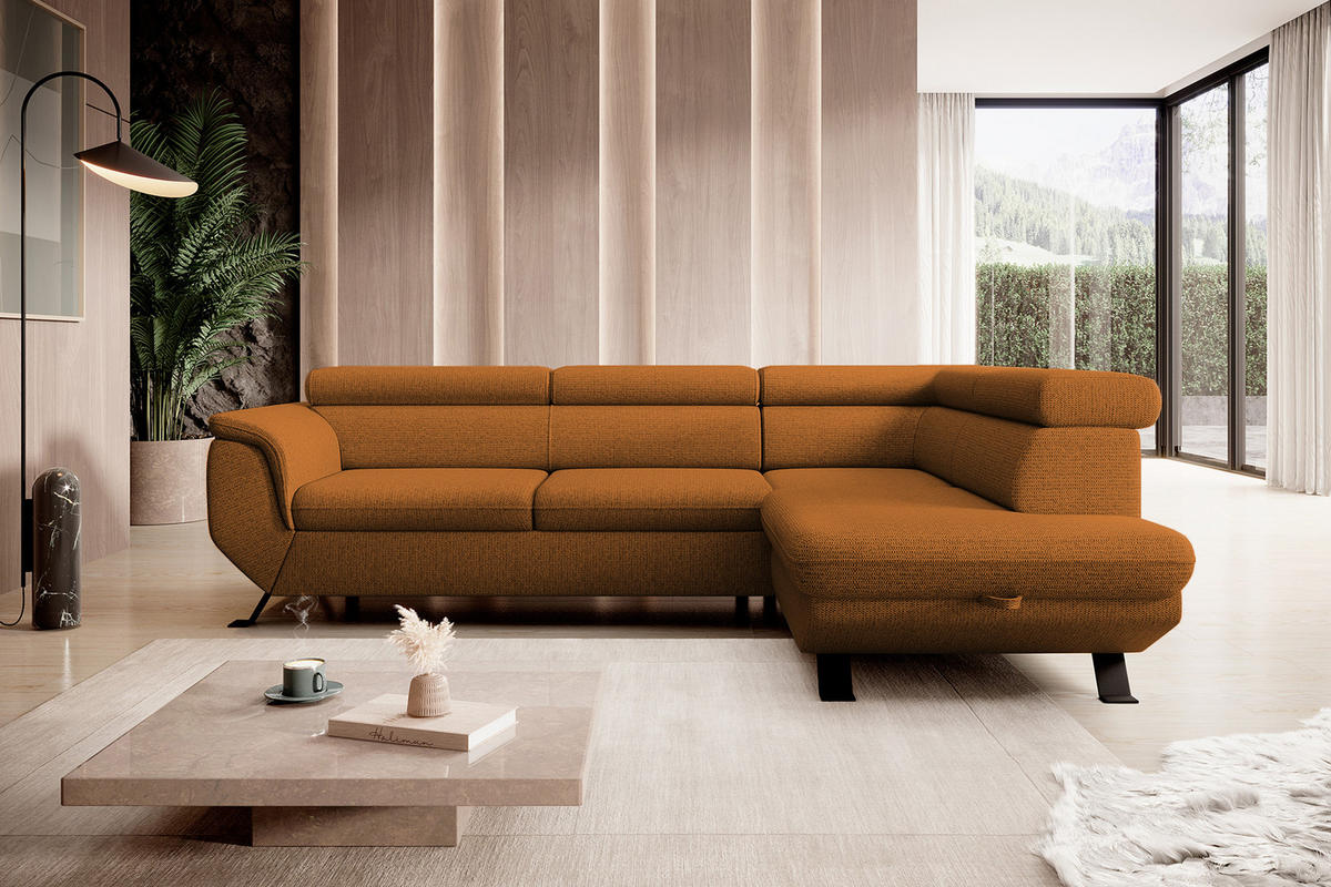 ECKSOFA Raven L mit Schlaffunktion und Bettkasten, Freistehend, Polstersofa mit Verstellbaren Kopfstützen, 257x198x96 cm – Rechte, Braun - Braun, Holz/Textil (256/198cm) - DomoHome