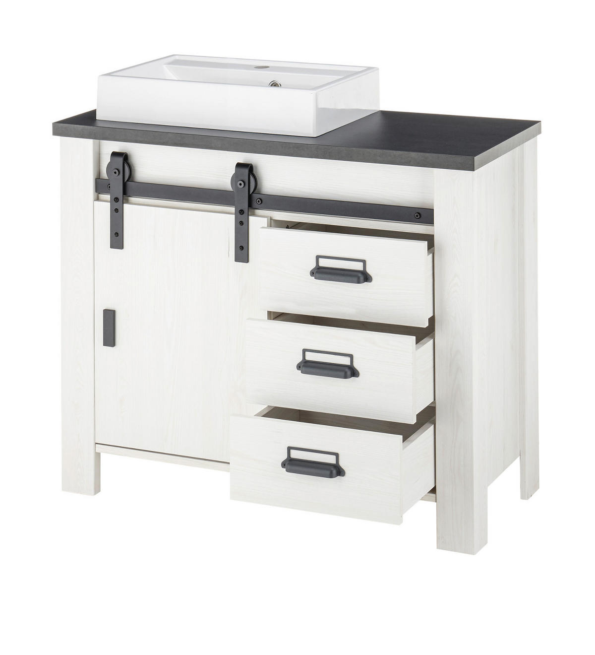 BADMÖBEL-SET 5-teilig weiß Pinie, anthrazit Landhaus, Badkombination mit Waschbecken und Spiegellampe - Anthrazit/Weiß, Holzwerkstoff/Metall (166/210/43cm) - Furn.Design