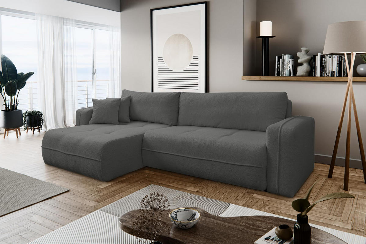 ECKSOFA CLOUD mit Schlaffunktion und Bettkasten Boucle Cloud (Grau) - Grau, Textil (276/145cm) - VENASI MÖBEL