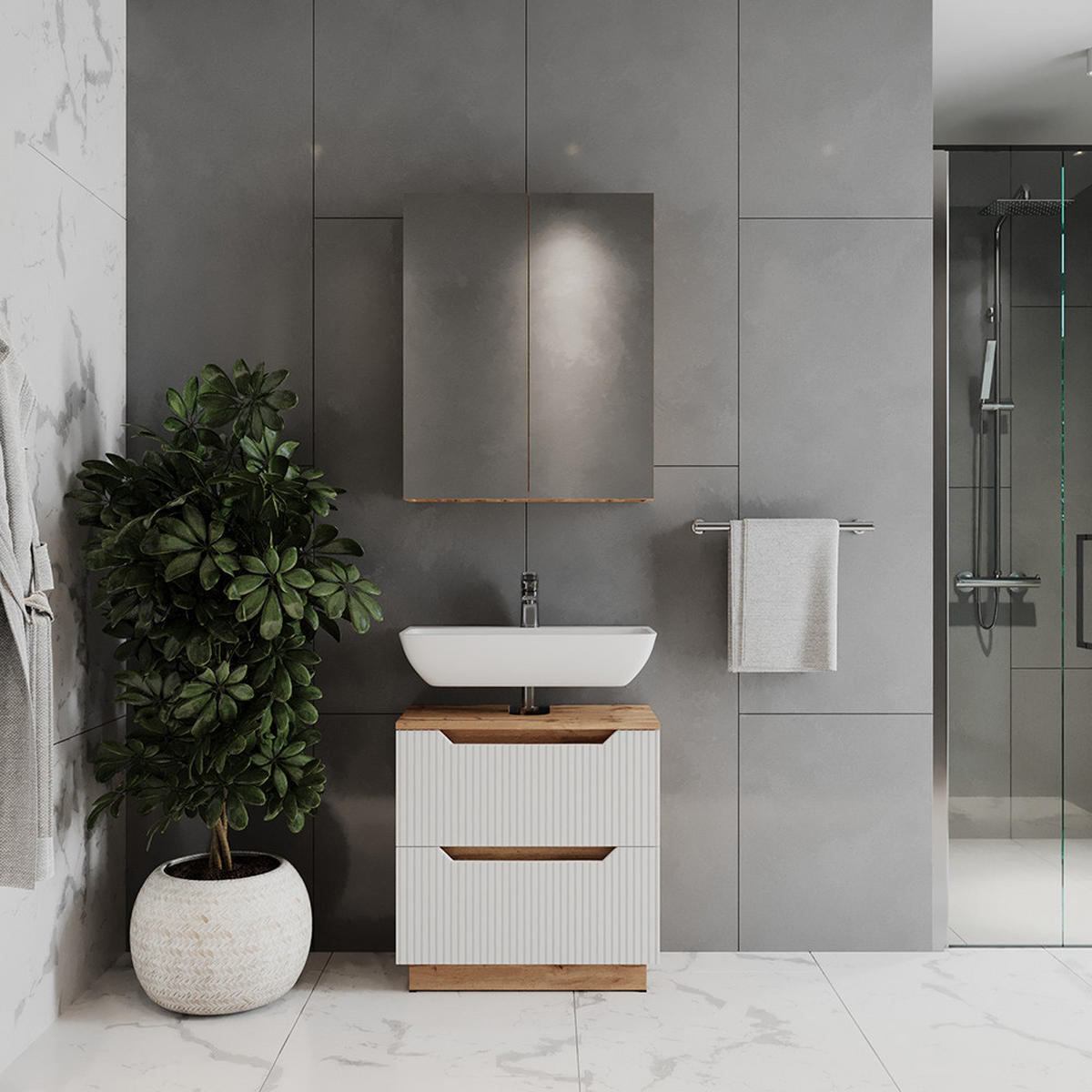 KOUPELNOVÝ NÁBYTEK Lotta Dub/bílý pruhovaný - bílá/barva dubu, kompozitní dřevo (59.8/62.5/32cm) - Vicco