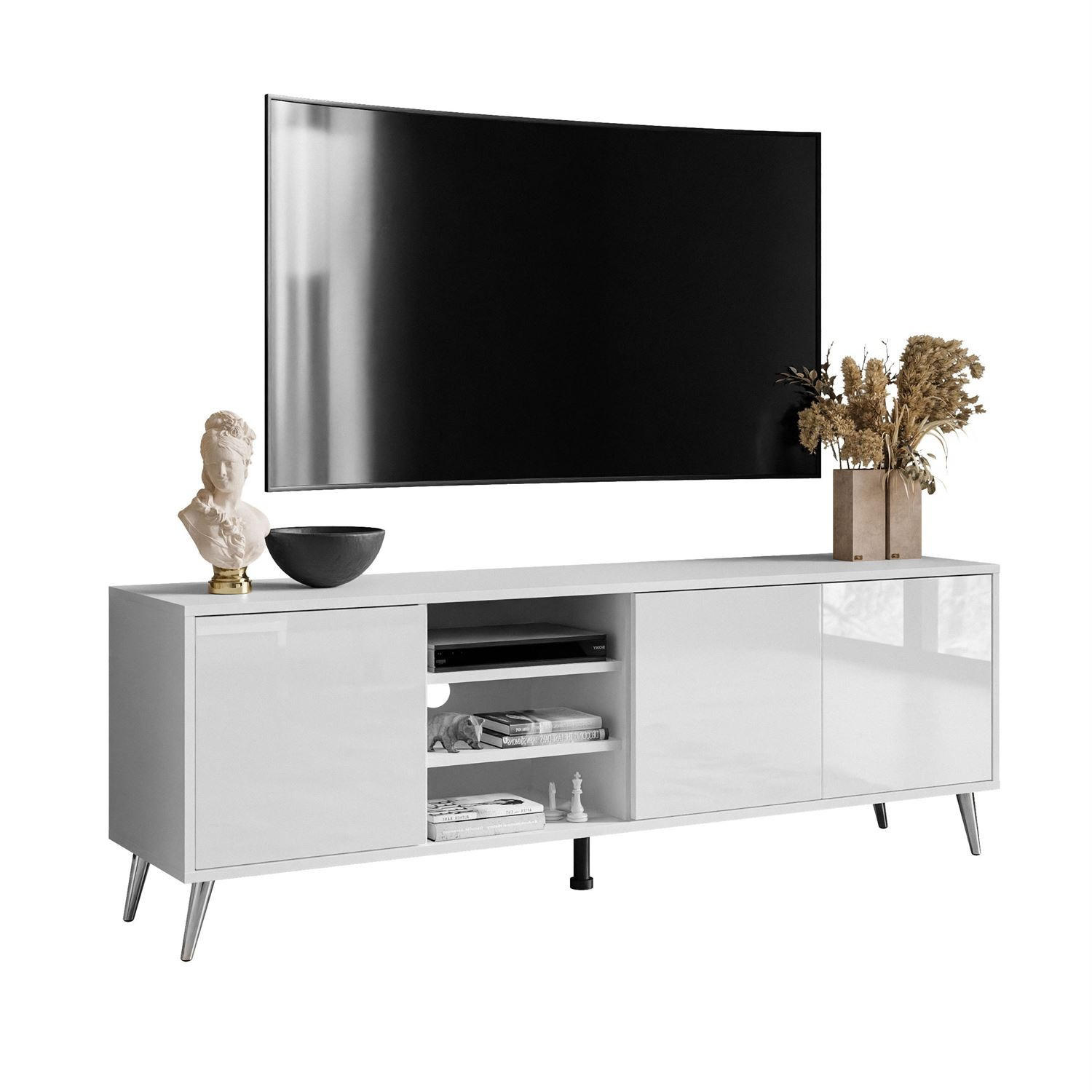 TV-ELEMENT SANAYI auf verchromten Beinen mit Regalen Hochglanz Weiß - Weiß, Holzwerkstoff (156/54/38cm) - Lookway