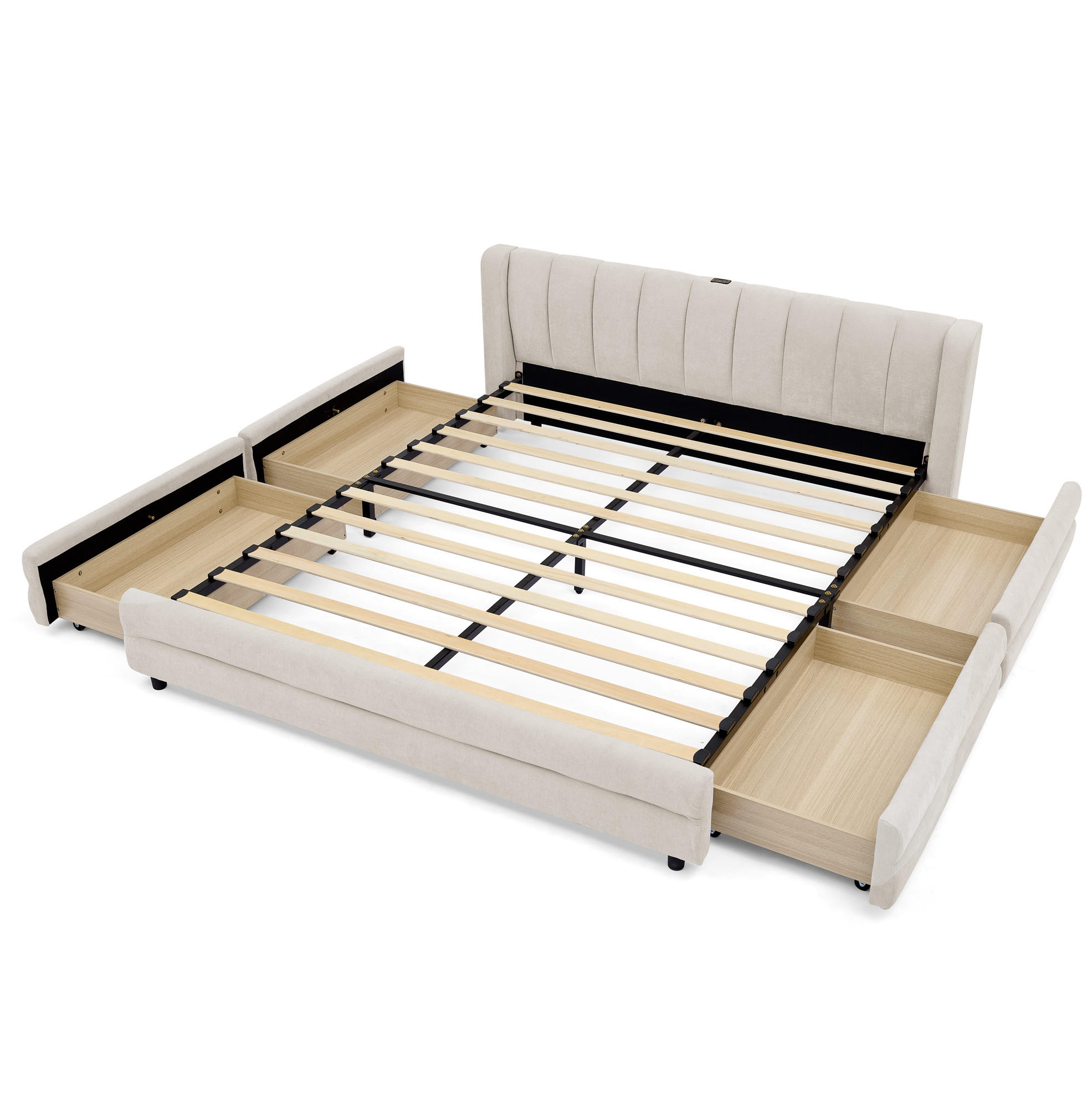 ČALOUNĚNÁ postel 140/200 cm se 4 zásuvkami, USB a USB-C portem a ergonomickým čelem, Béžová - béžová, textil (140/200cm) - Redom