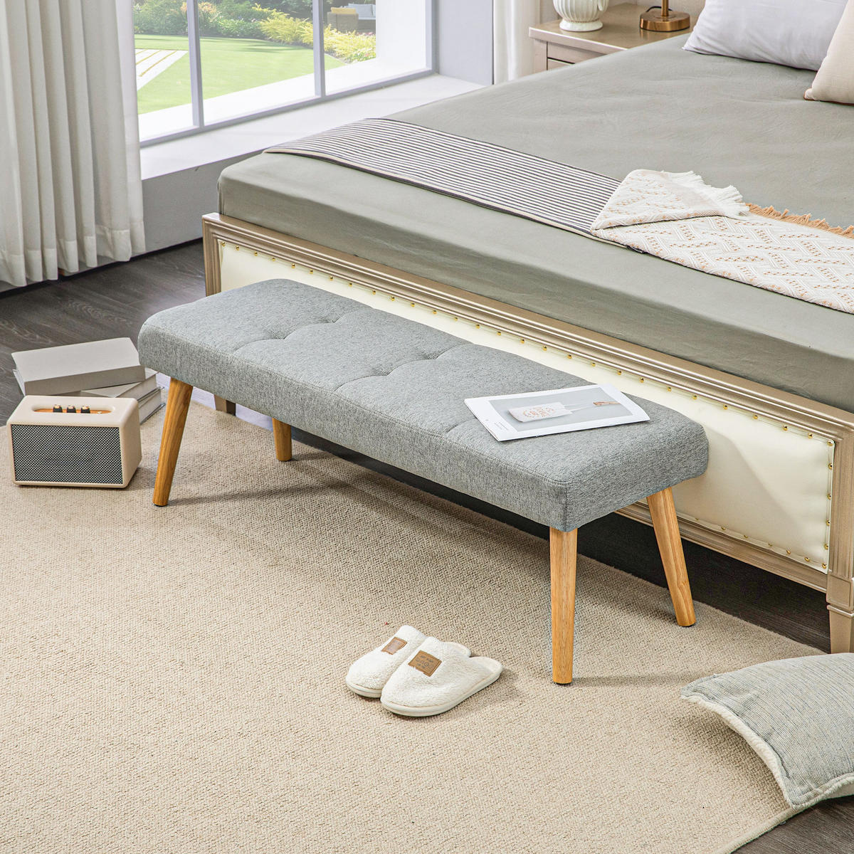 SITZBANK, Polsterbank mit Leinenoptik, Holzbeine 120 x 41 x 43 cm, Grau - Grau, Kunststoff (41/43/120cm) - HOMCOM