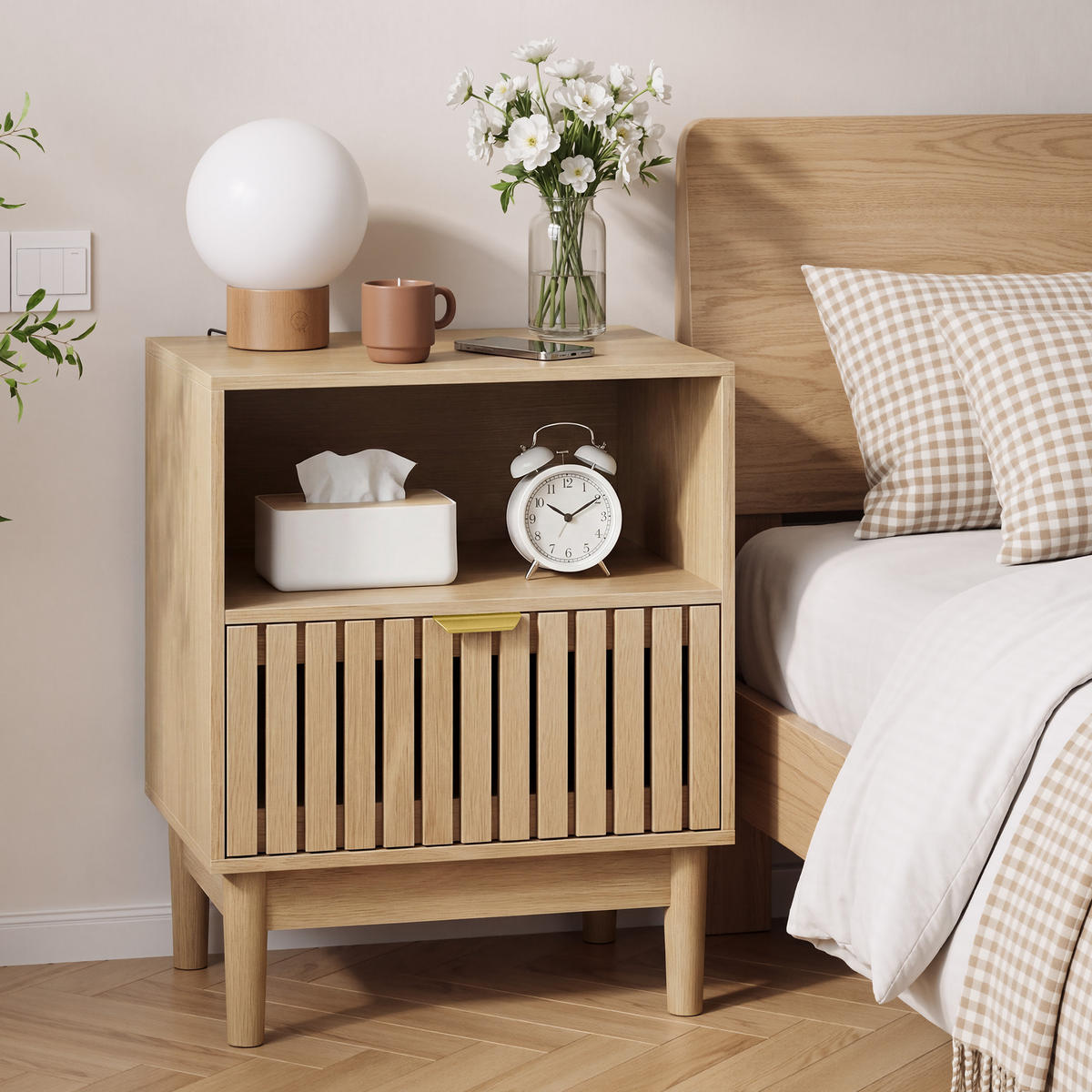NACHTTISCH aus MDF 45x39x56,5 cm Eichefarben mit Schublade und offenem Fach im modernen Streifendesign - Nussbaumfarben, Holzwerkstoff (45/56/39cm) - Modfu