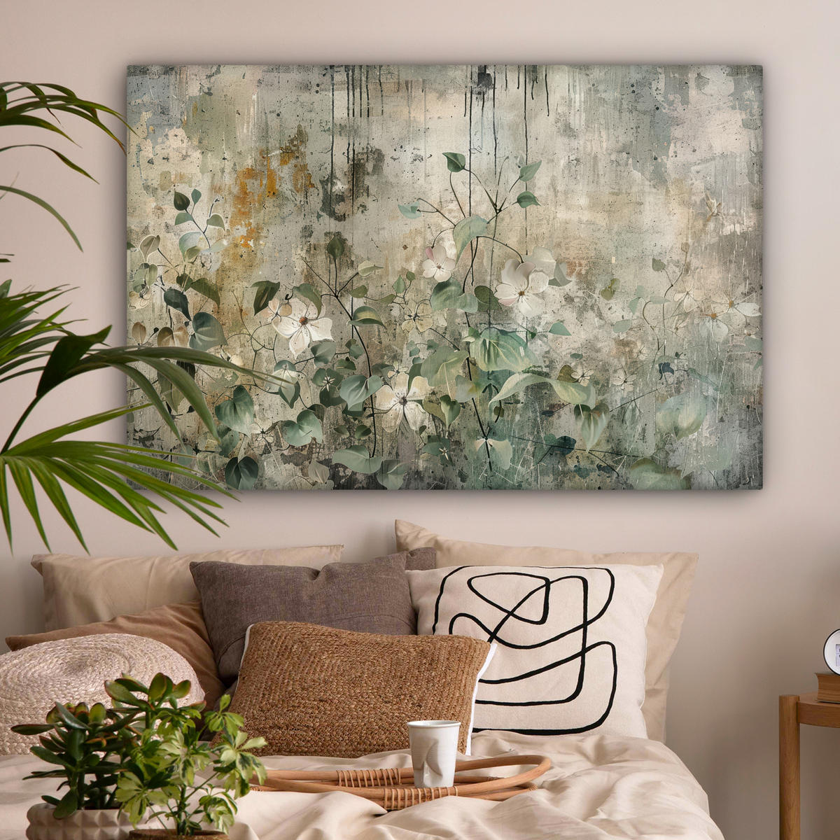 LEINWANDBILD Blumen - Blätter - Abstrakt - Modern XXL 150x100 cm - Grau, Textil (150/100cm) - MuchoWow