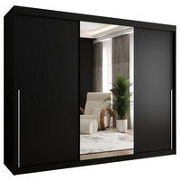 SCHIEBETÜRENSCHRANK mit Spiegel 250 cm Breite, schwarz mit silbernem Griff - Silberfarben/Schwarz, Holzwerkstoff (250/200/62cm) - Home Collective