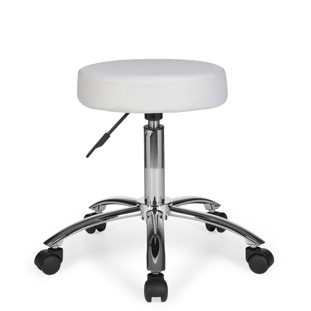 ROLLHOCKER gepolstert, 360° drehbar, ergonomisch bis 100 kg ARNO, Weiß 55x55x70 cm - Silberfarben/Weiß, Textil/Metall (55/70/55cm) - KADIMA DESIGN