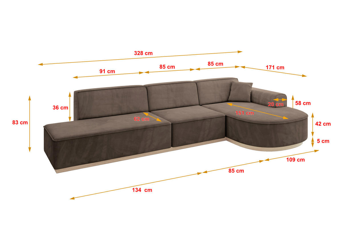 ECKSOFA Ottomane Rechts ARRIO-L2 - 328x171x83 cm Braun - Braun, Holzwerkstoff/Textil (328/171cm) - ALTDECOR