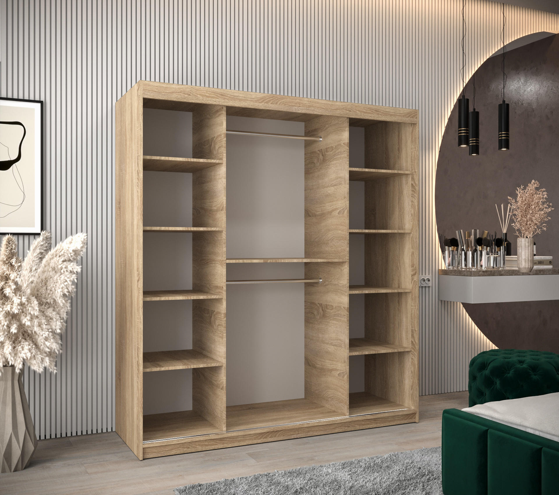 Thumbnail - Möbel Kryspol Schwebetürenschrank, Sonoma Eiche, Schwarz, Kunststoff, Nachbildung, 9 Fächer, 180x200x62 cm, Schlafzimmer...