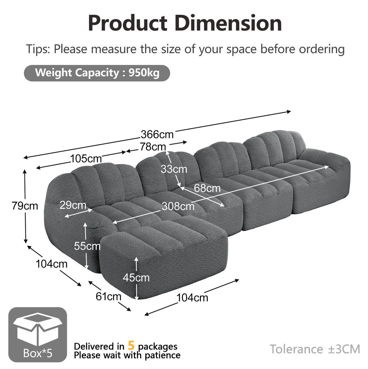 SOFA modular 4-Sitzer mit Ottoman Granular Fleece Grey - Grau, Kunststoff (165/366cm) - Meubliv