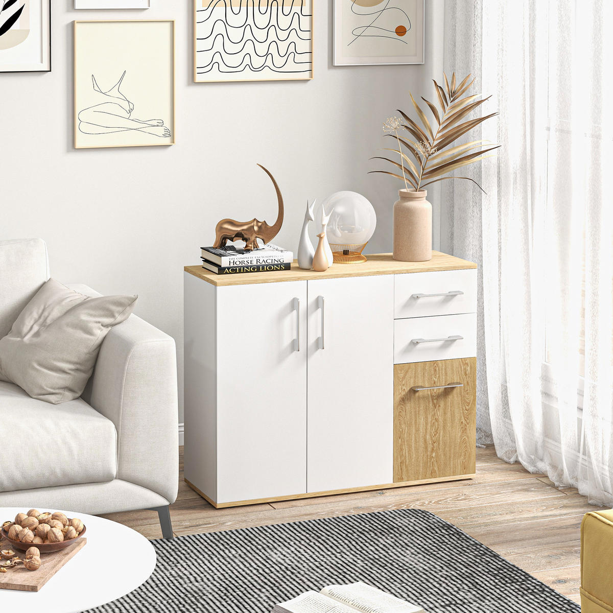 SIDEBOARD Weiß und Naturfarben 90/30/75,5 cm - Weiß, Holzwerkstoff (90/75.5/30cm) - PANGIVO