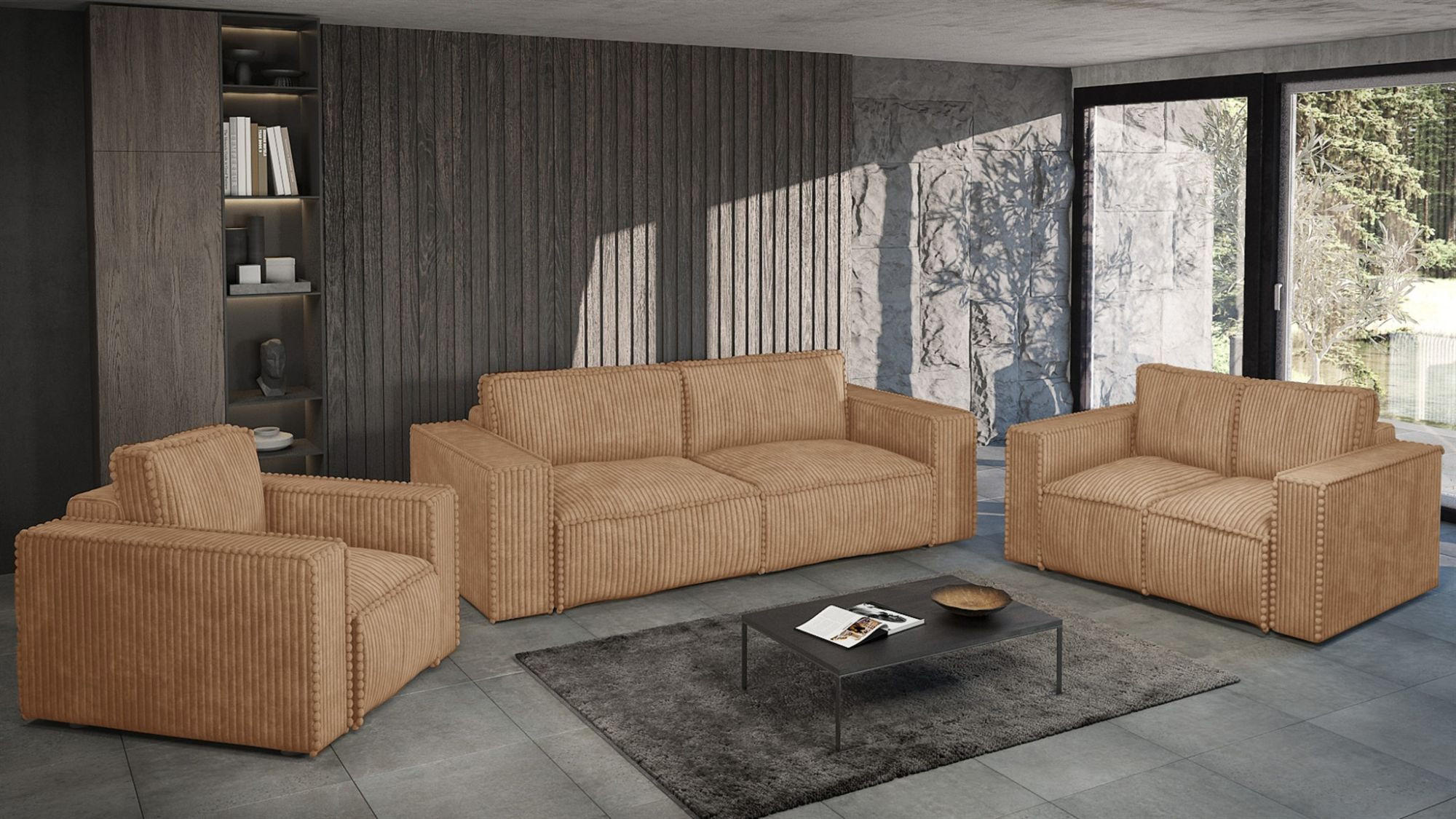 SOFASET Vajana 3-2-1 - Rotbraun, Holzwerkstoff/Textil (240/86/102cm) - Fun Möbel