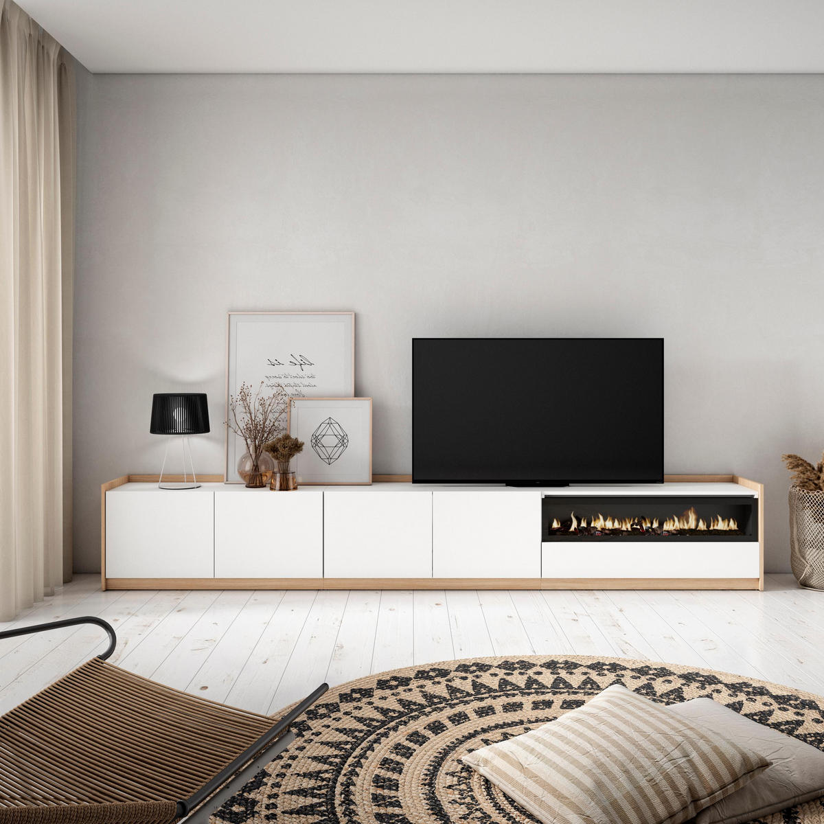 TV-SCHRANK, Lowboard, Weiß und Eiche Soft, Elektrokamin, 310/37/50cm - Weiß, Holzwerkstoff (310/50/37cm) - Skraut Home