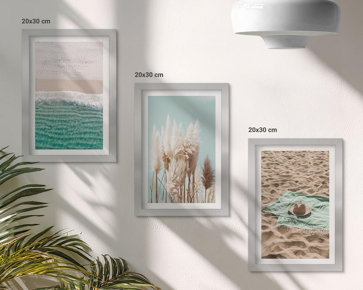 BILDER SET 3er Set - 20x30 cm Silberner Rahmen - Strandwellen Grashut - Silberfarben, Kunststoff (20/30cm) - TULUP