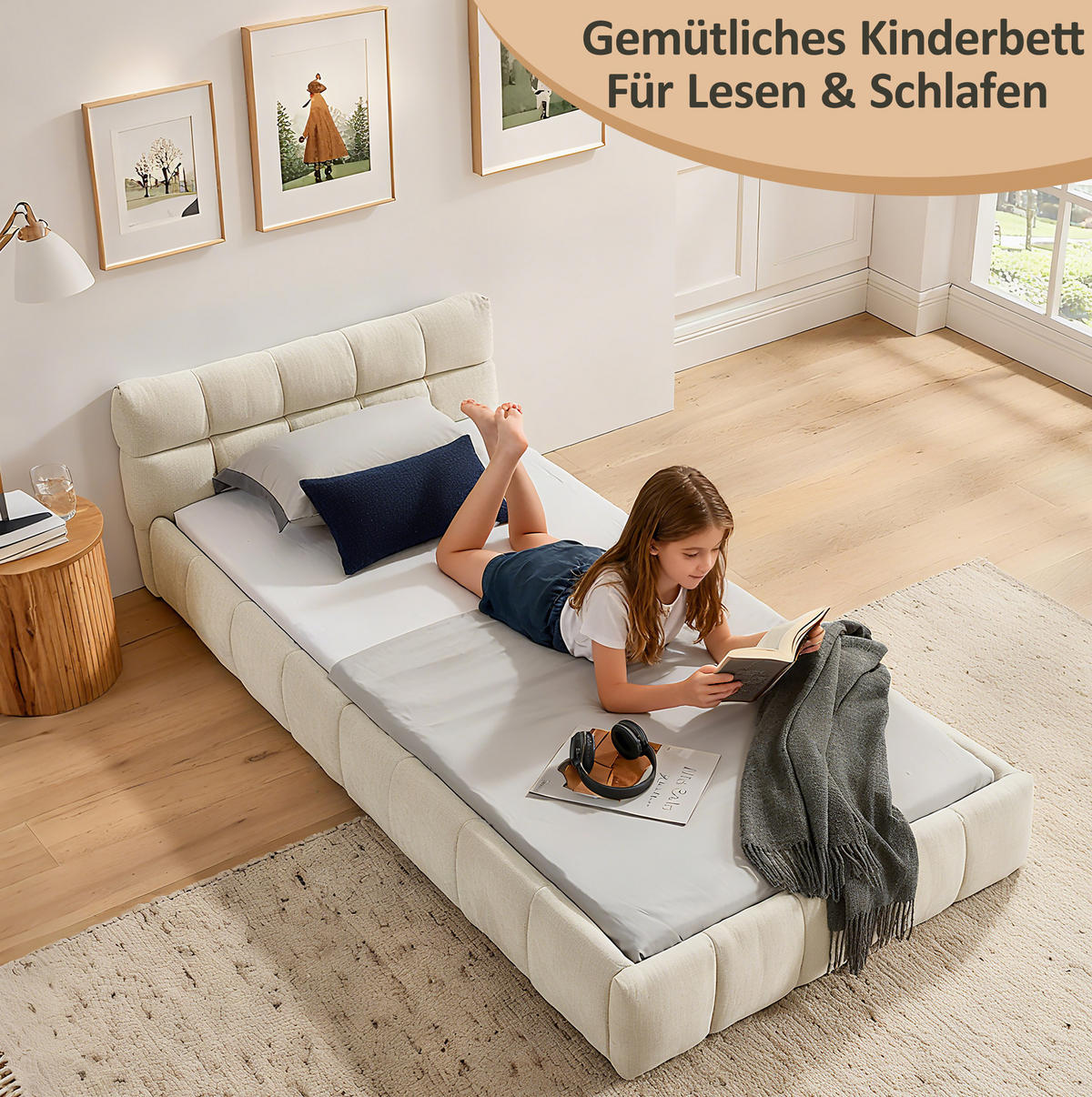 KINDERBETT Polsterbett 90/200 cm aus Chenille mit quadratischem Steppdesign Beige - Beige, Kunststoff (90/200cm) - Modenvie