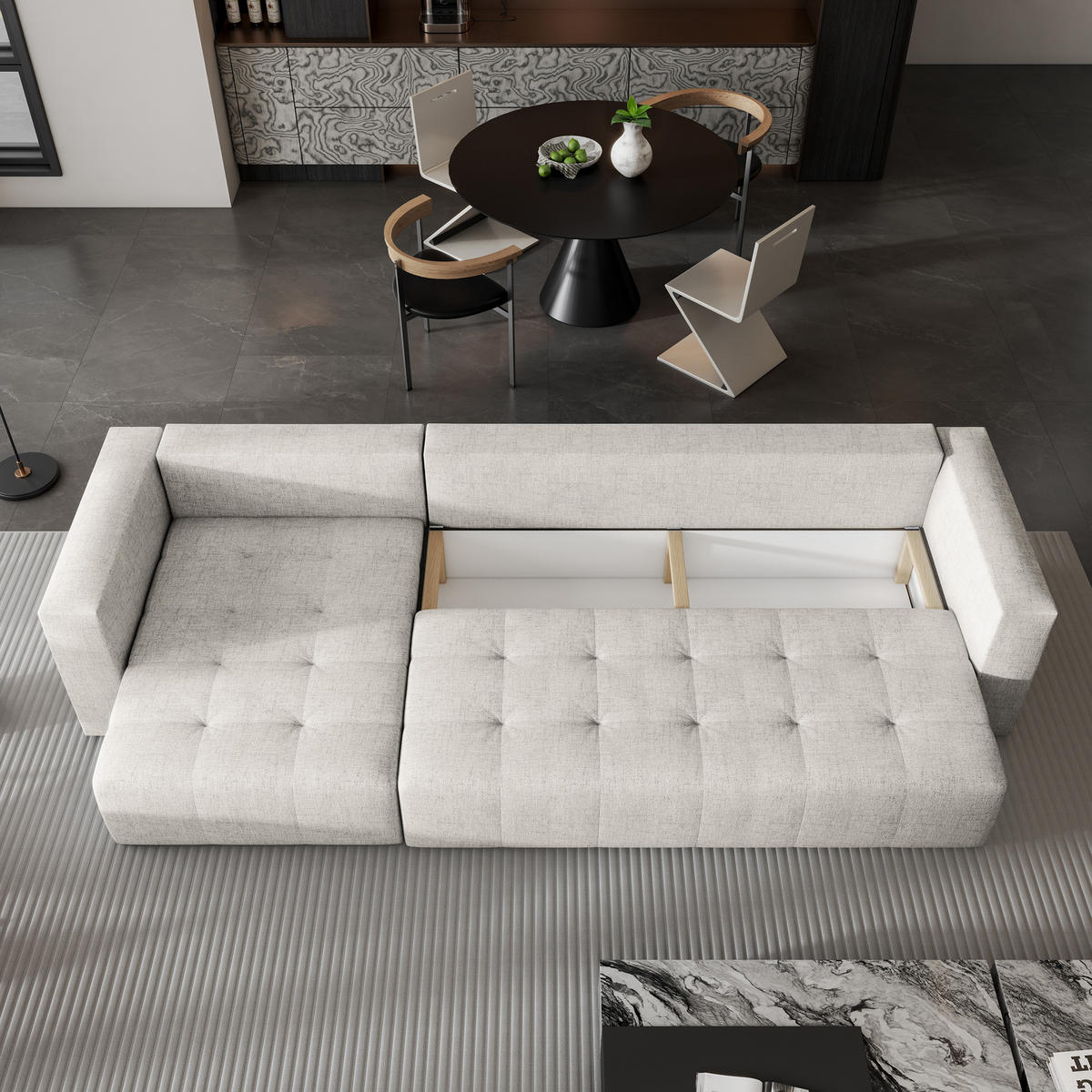 ECKSOFA OLVERA Creme Geflochtener Stoff mit Schlaffunktion - Creme, Holz (347/148cm) - MASSENO