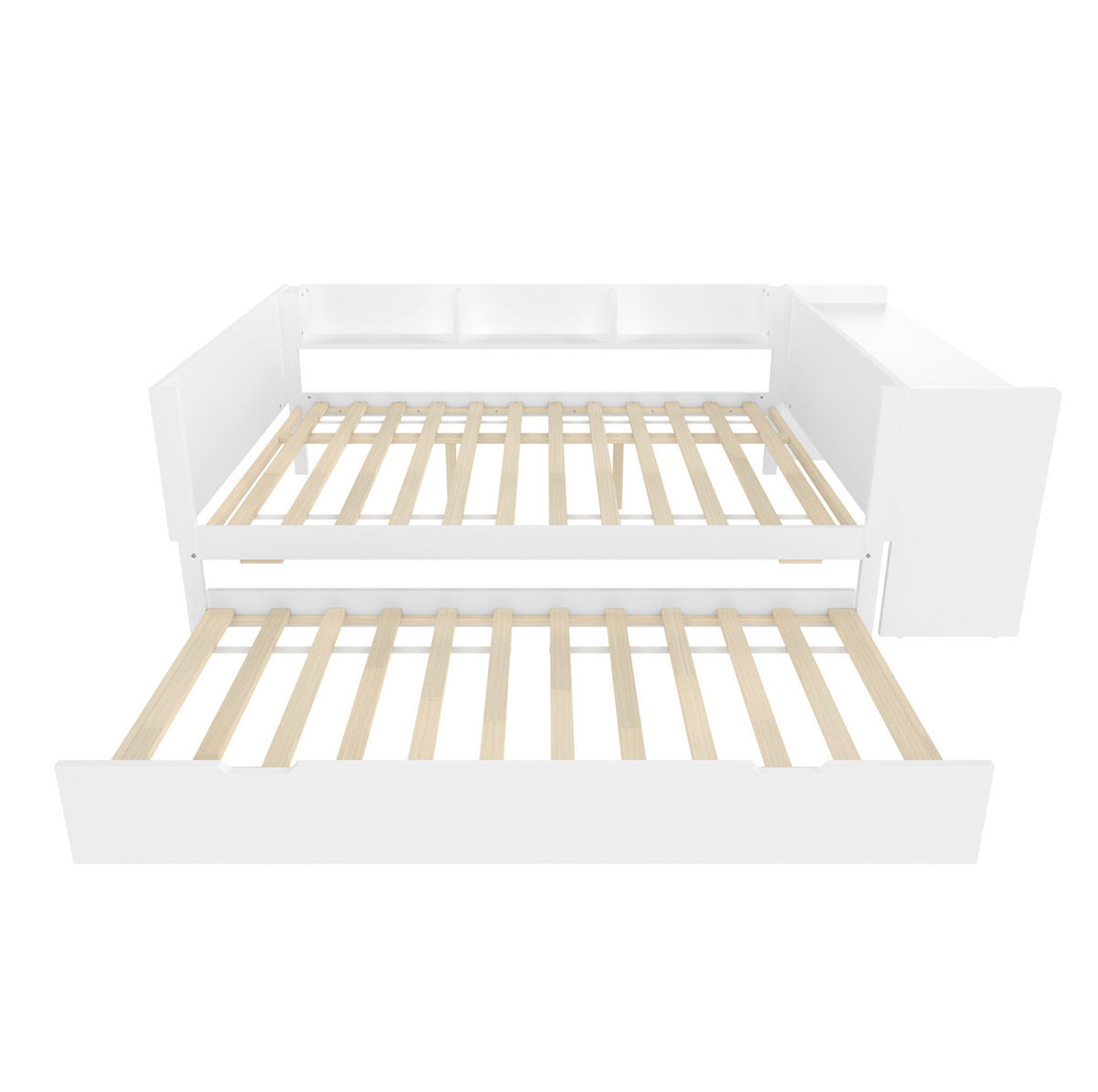 DOPPELBETT aus Kiefernholz und Spanplatte 140x200 cm Weiß mit Schreibtisch, Rollbett und 3 Regalen - Weiß, Holzwerkstoff (140/200cm) - IVMEU