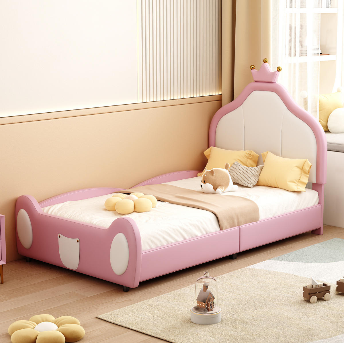 KINDERBETT Polsterbett 90/200 cm aus Kunstleder mit kronenförmigem Kopfteil Rosa/Weiß - Rosa, Textil (90/200cm) - Modenvie