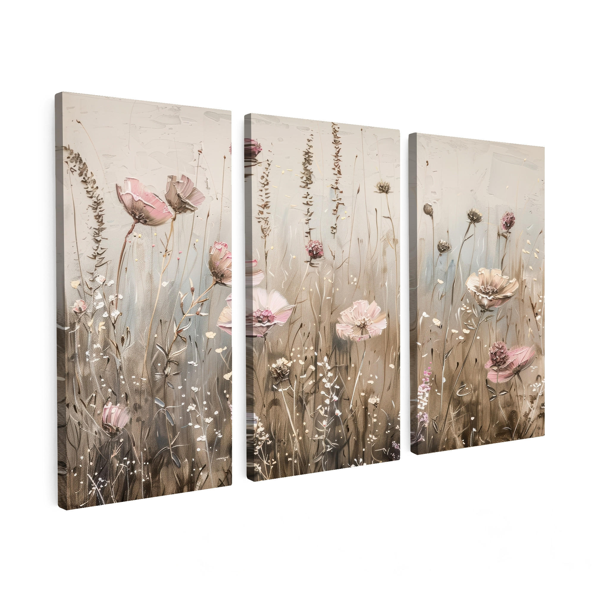 LEINWANDBILD 3er Set Blumen - Beige - Modern - Rosa 180x120 cm - Ecru, Textil (180/120cm) - MuchoWow