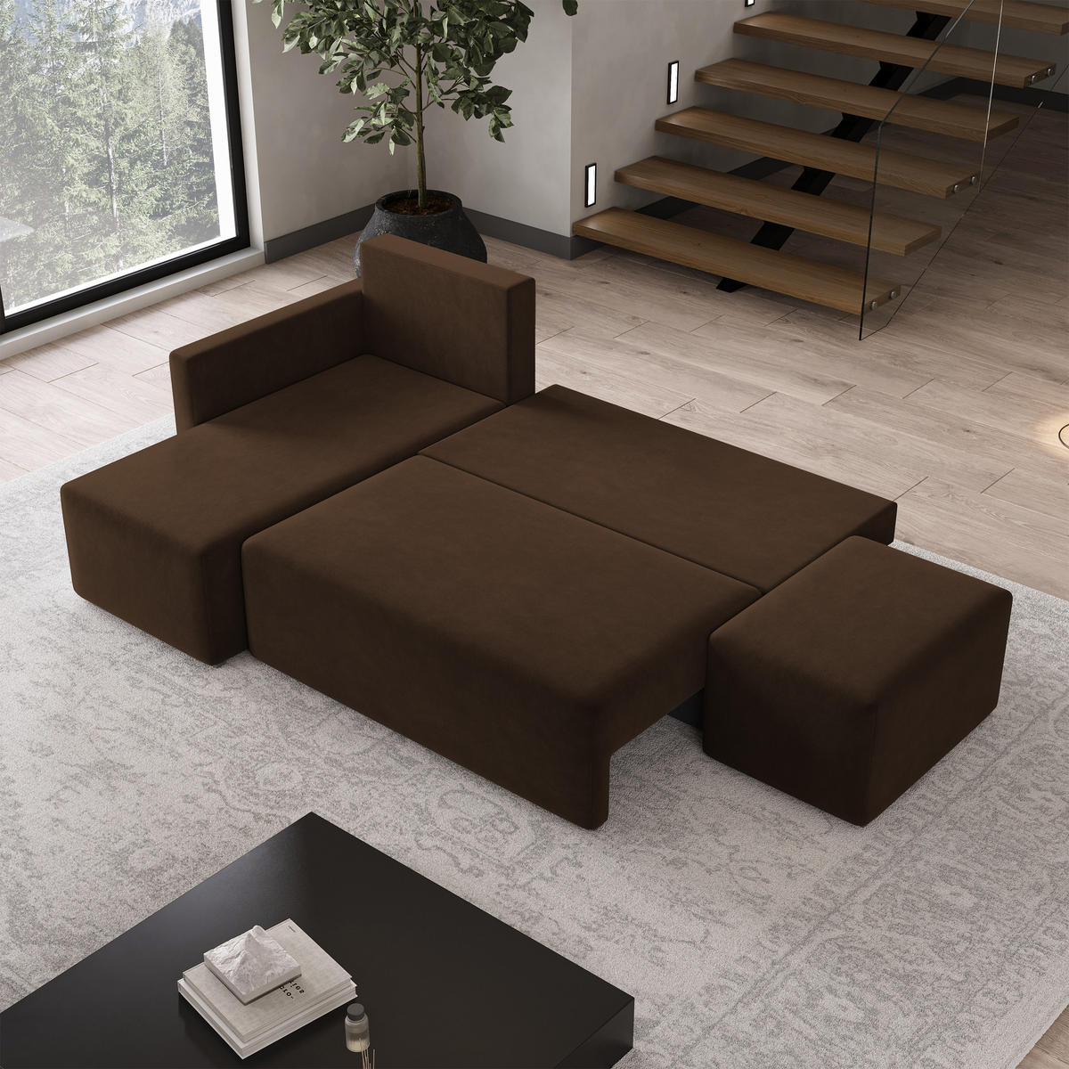 ECKSOFA VELOTTI L-S Braun Plüsch-Stoff mit Schlaffunktion - Braun, Holz (261/143cm) - MASSENO