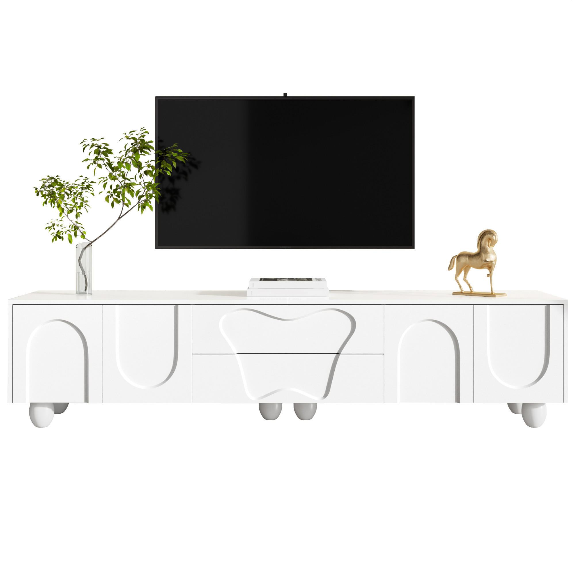 TV-SCHRANK 180/40/42 cm weiß PB mit massivem Holzbeinen und multifunktionalen Fächern - Weiß, Holzwerkstoff (180/42/40cm) - OKWISH