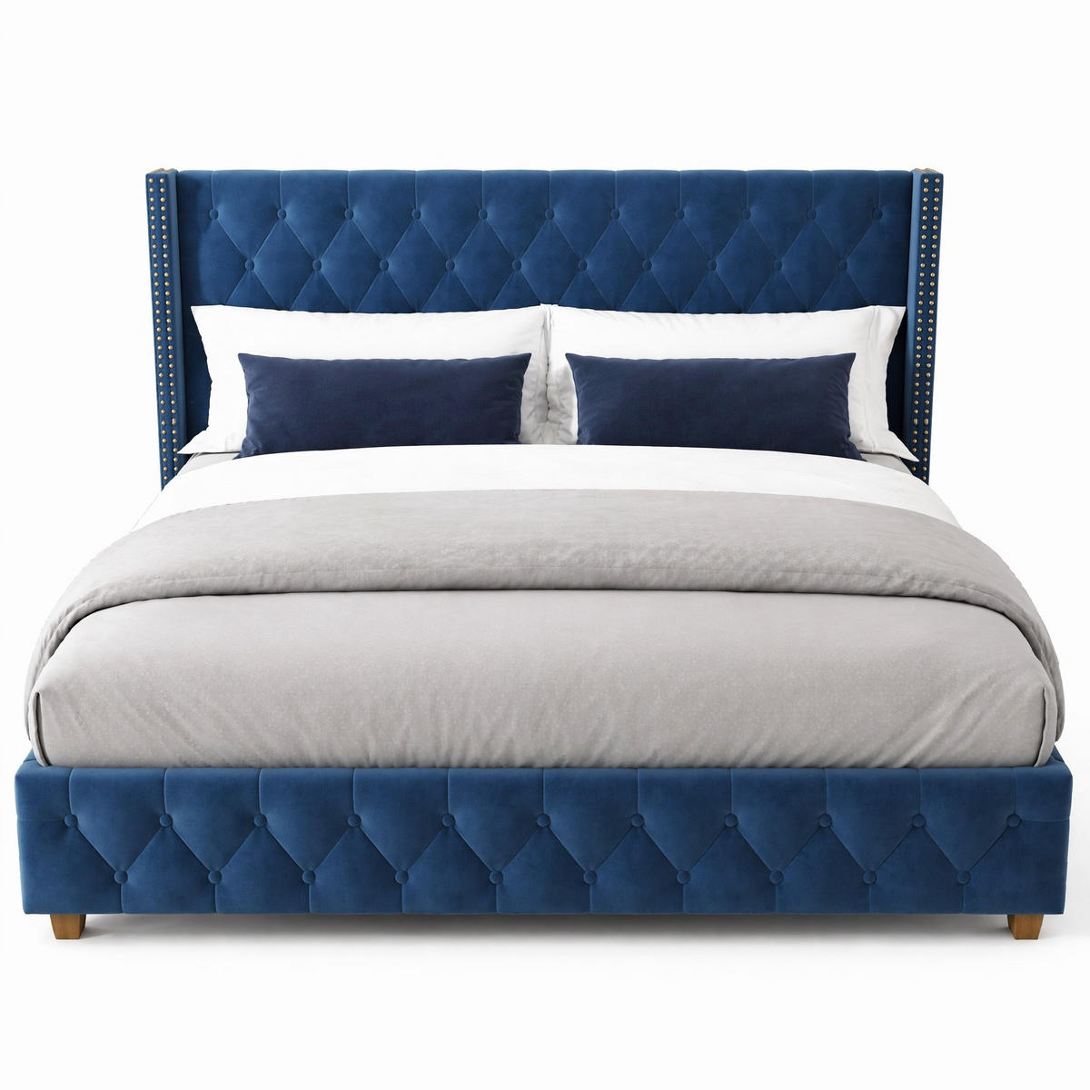 POLSTERBETT 160/200 cm in Blau Samt mit Knopfheftung, Nieten und Holzbeinen - Blau, Holzwerkstoff/Textil (160/200cm) - CHICFURN