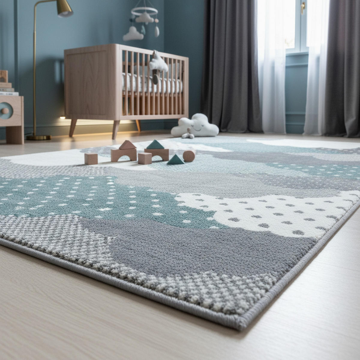 KINDERTEPPICH Wolken Pflegeleicht Waschbar Kinderzimmer OEKO-TEX Blau 80x150 cm Gekettelt – NOLA - Blau, Textil (80/150cm) - KADIMA DESIGN