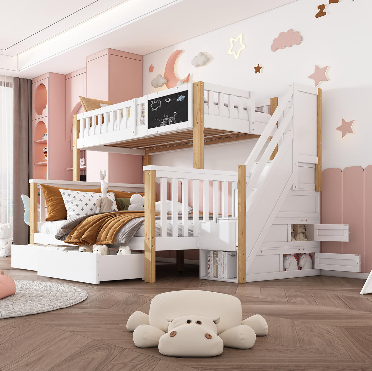 ETAGENBETT 90/200 cm in Weiß/Hell-Eiche mit Tafel und Stauraum - Weiß, Holz (90/200cm) - OKMYHOME