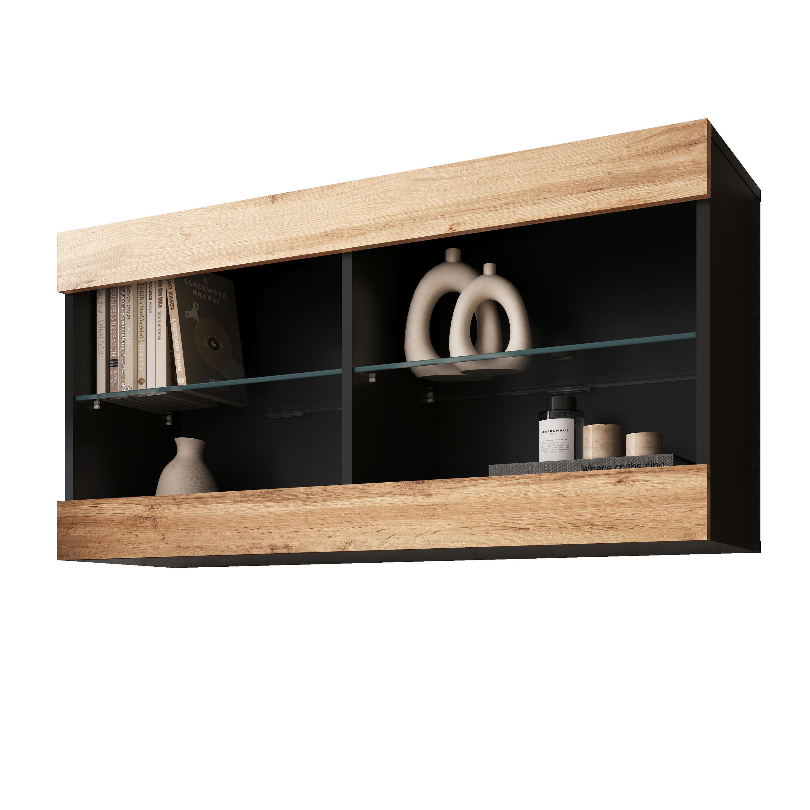 HÄNGEVITRINE TIVOLI HORIZONTAL 100, Wotan - Eiche Wotan/Schwarz, Glas/Holzwerkstoff (100/50/29.5cm) - Komodee