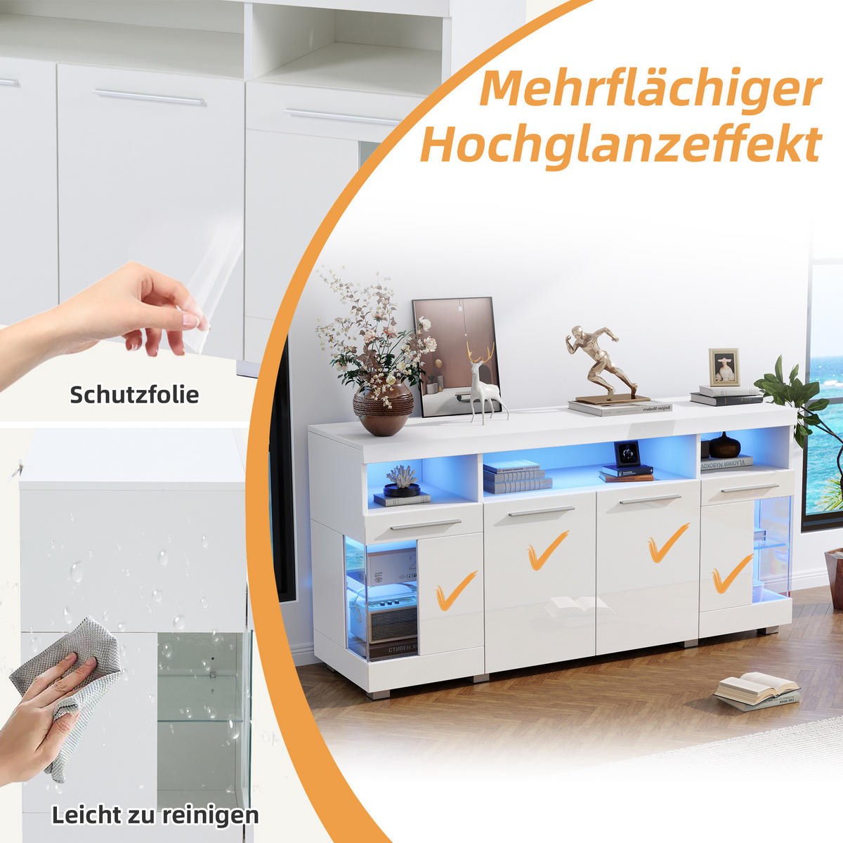 SIDEBOARD, LED, 3 Fächer, Glas, Weiß, 140x40x70cm - Weiß, Holzwerkstoff (40/70/140cm) - FLIEKS