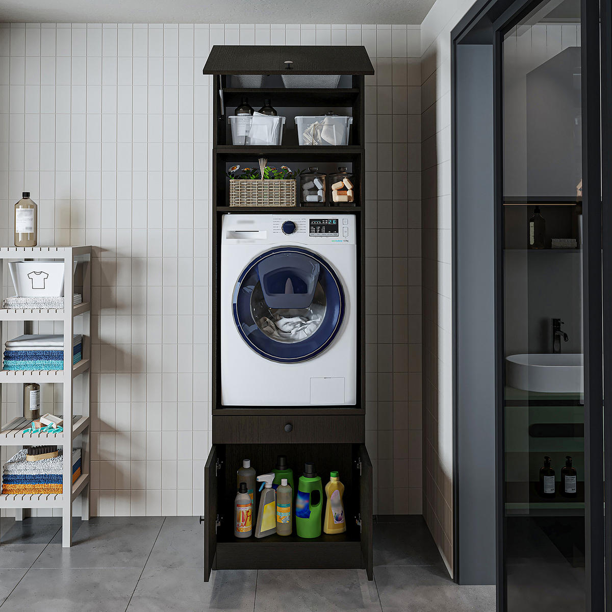 WASCHMASCHINENSCHRANK Serie 1 65cm Breit, 230cm Hoch - Schwarz, Holzwerkstoff (65/230/67cm)