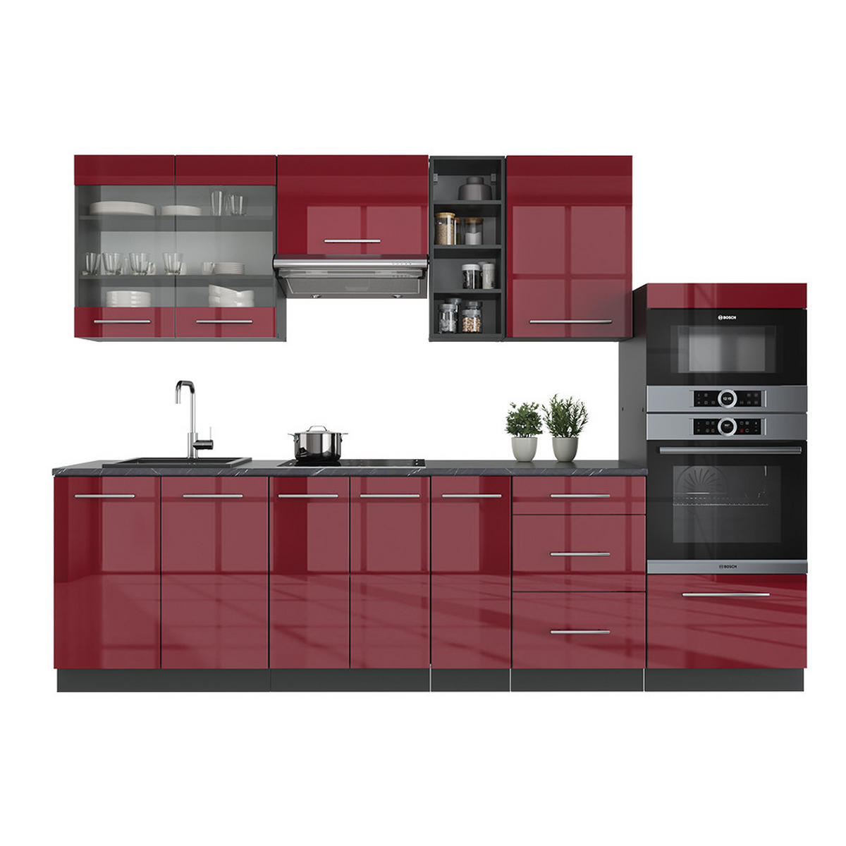 KÜCHENZEILE Fame-Line Bordeaux Hochglanz/Anthrazit 280 cm ohne AP - Bordeaux/Anthrazit, Holzwerkstoff (280/81.6/46cm) - Vicco