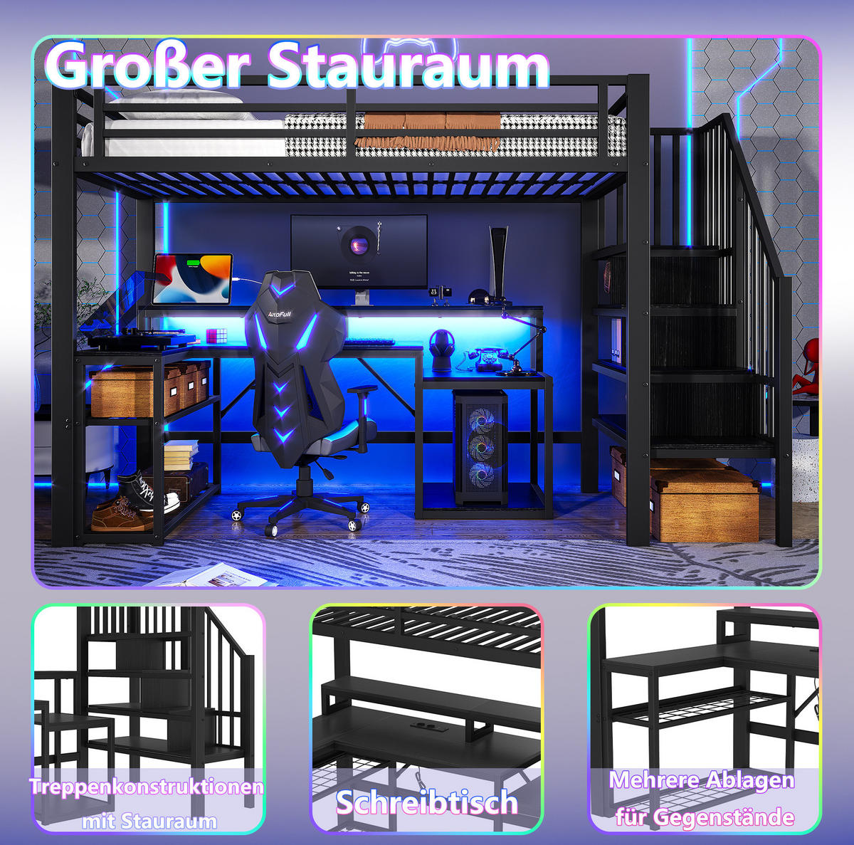 HOCHBETT 90/200 cm aus Metall mit Schreibtisch und LED-Beleuchtung - Schwarz, Metall (90/200cm) - Flora Grace