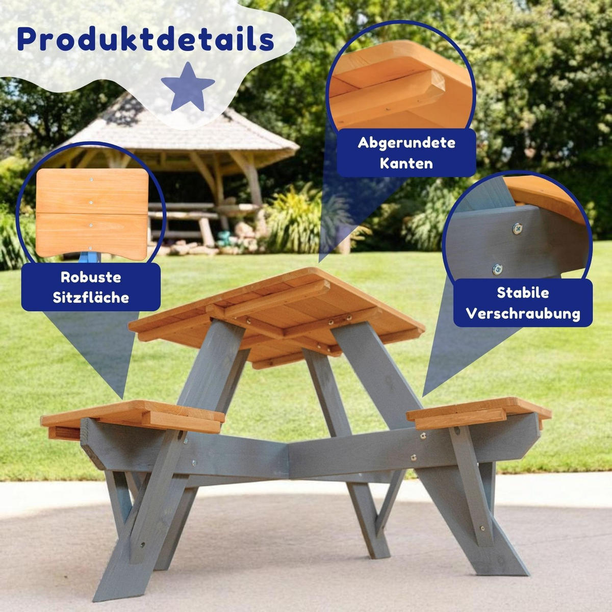 KINDER-PICKNICKTISCH ROMY 1 Tische 4 Sitze 109/109/56 cm - Braun, Holz - Coemo