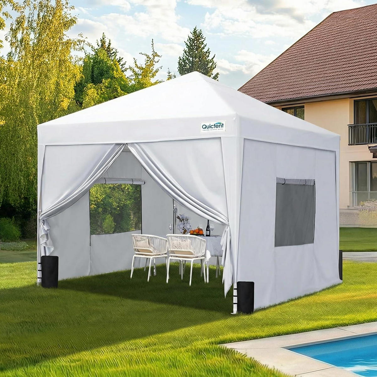 FALTPAVILLON 300 x 300 cm wasserdicht mit Seitenwänden UV-Schutz 50+ Stahlrahmen Weiß - Weiß, Textil (300/265/300cm)