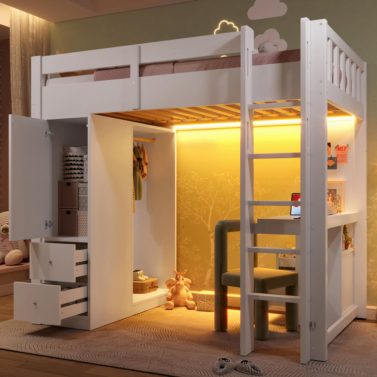 HOCHBETT 90/200 cm in Weiß mit 4 Schubladen, Schreibtisch, LED und USB - Weiß, Holzwerkstoff (90/200cm) - STILVORA