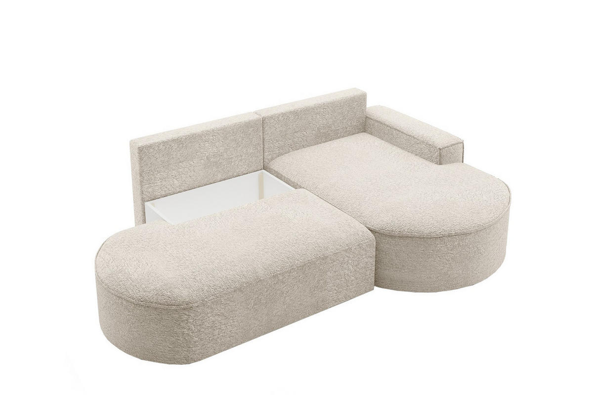 ECKSOFA mit Schlaffunktion und Bettkasten Modena Runden stoff Arena Ecru Rechts - Ecru, Holz (278/179cm) - Kaiser Möbel