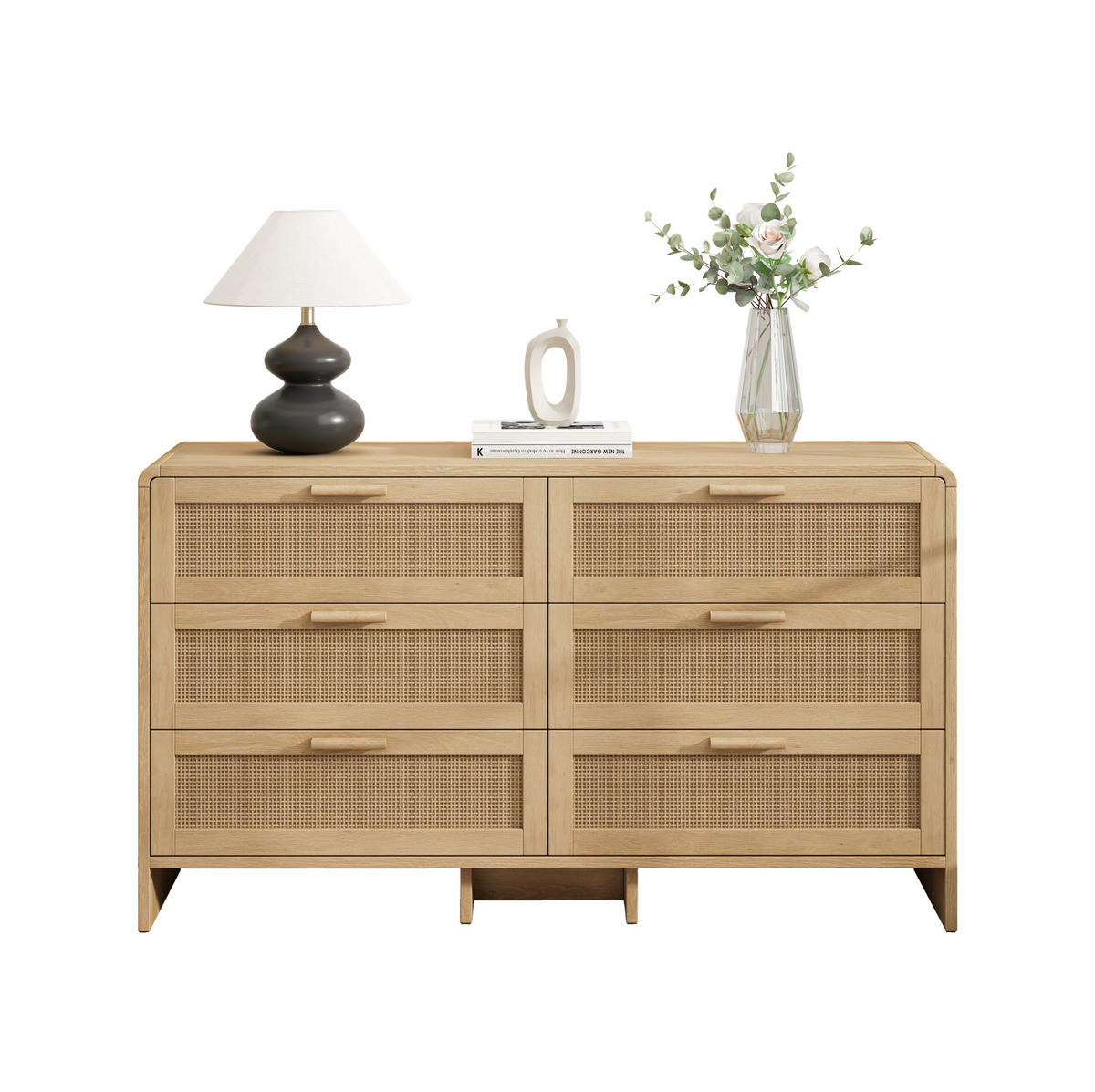 SCHUBLADENKOMMODE 130/40/74 cm mit 6 Schubladen und Rattanfronten – natürliche Optik - Naturfarben, Holzwerkstoff (130/74/40cm) - BEAOK