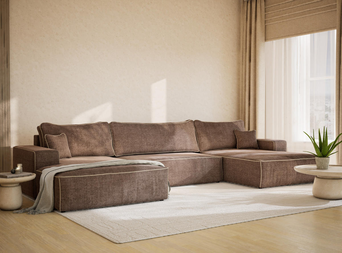 WOHNLANDSCHAFT Deseo Braun-Beige Chenille-Stoff - Beige/Schwarz, Holz/Holzwerkstoff (398/70/148cm) - Maison de Reve