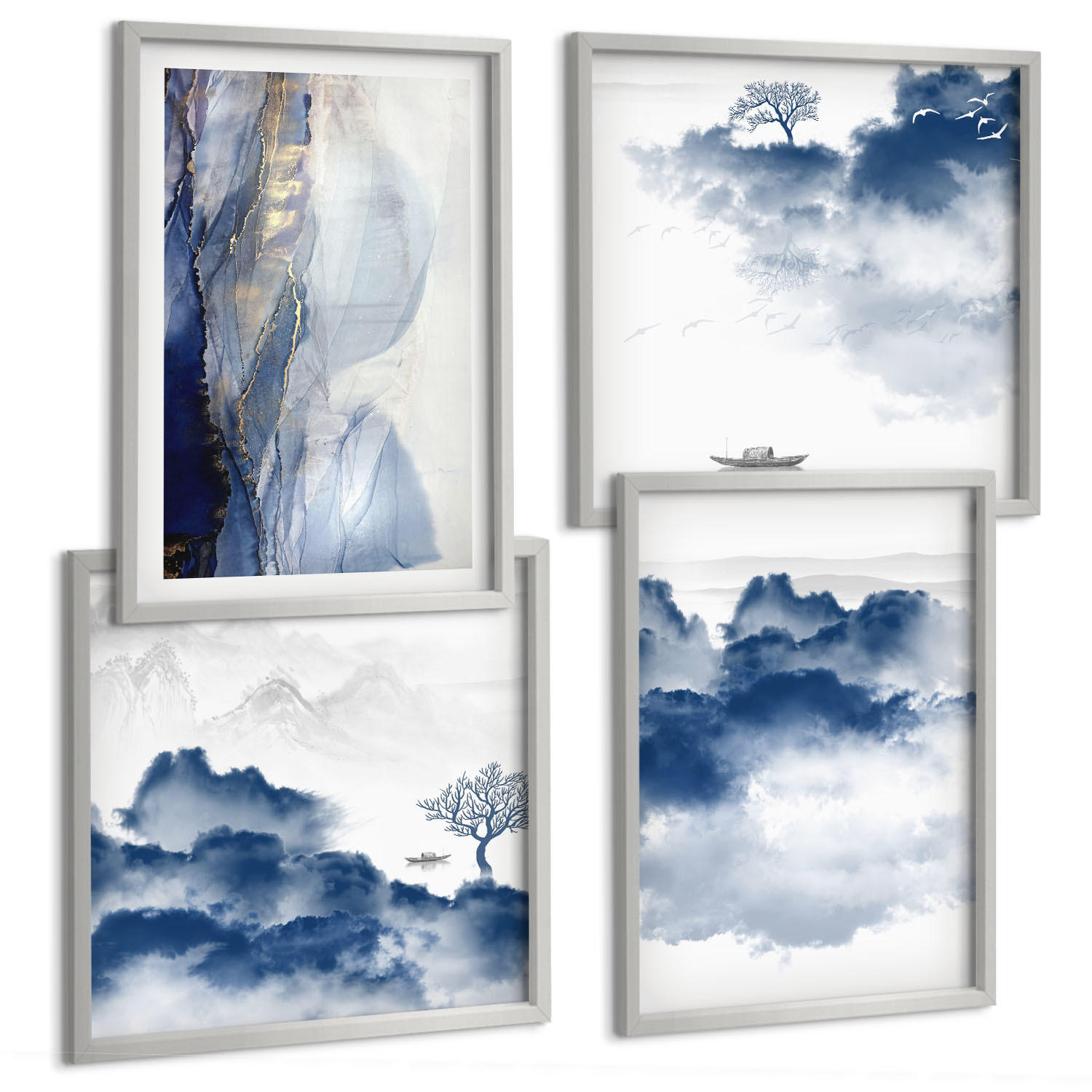 BILDER SET 4er Set - 50x50 cm & 40x60 cm Silberner Rahmen - Berge, Wolken, Bäume, Vögel im Hintergrund - Silberfarben, Kunststoff (50/50cm) - TULUP