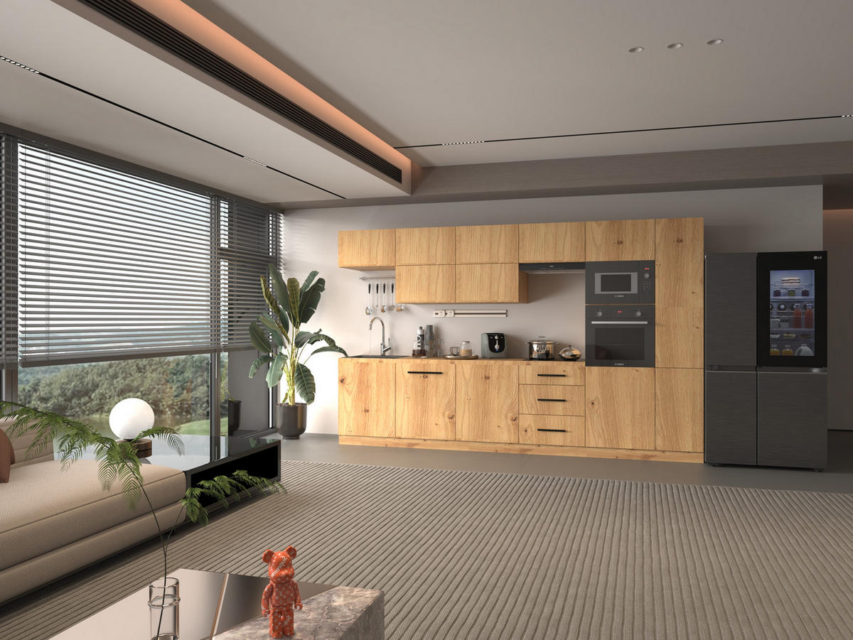 KÜCHENZEILE 240 - Langen KL3-M340 in Artisan Eiche - Schwarz/Eiche Artisan, Holz (340/212/58cm)