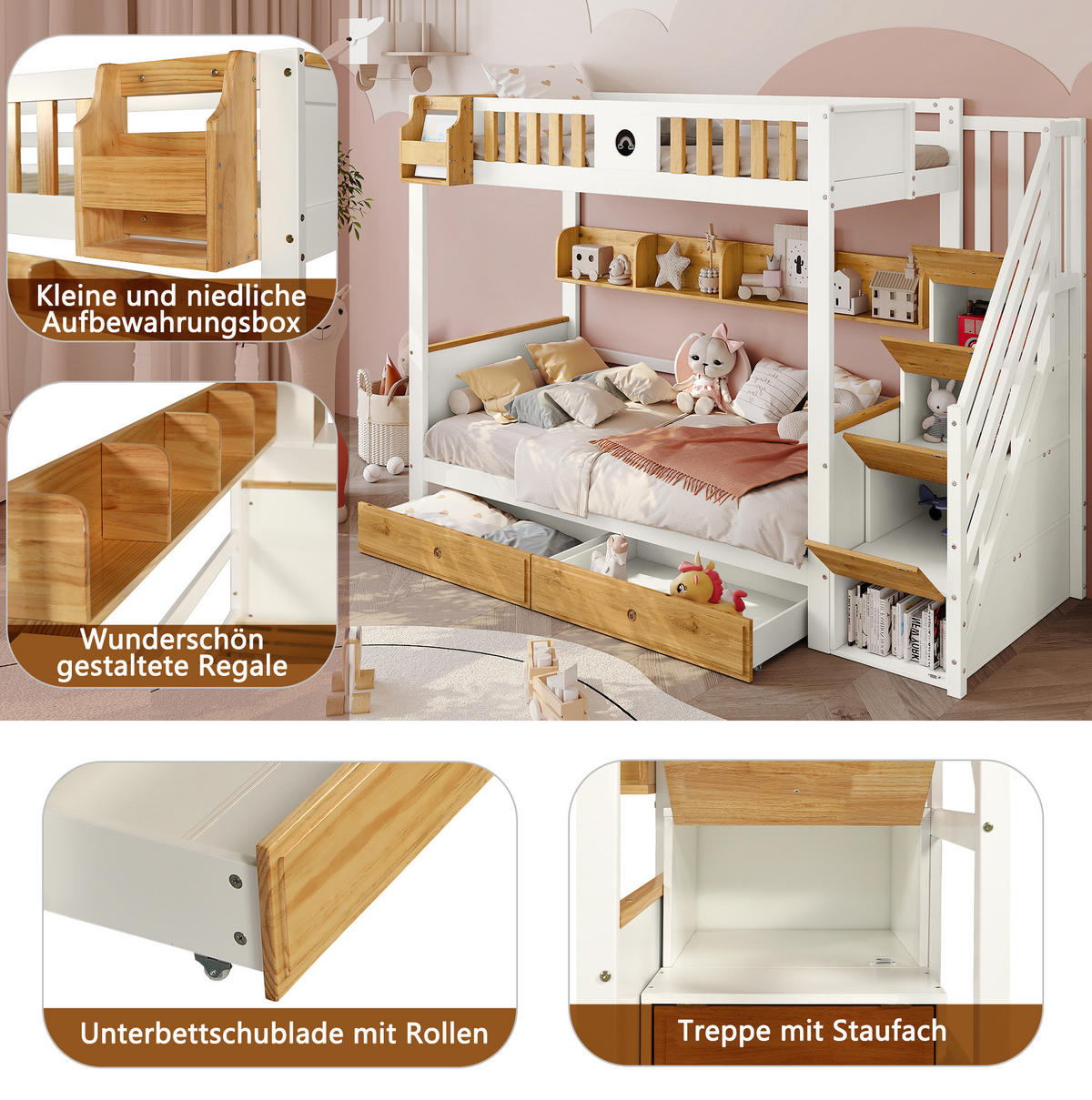 ETAGENBETT 90x200 cm in Weiß/Natur mit Stauraumtreppe, Schubladen und Tafel - Weiß, Holzwerkstoff (90/200cm) - OKMYHOME