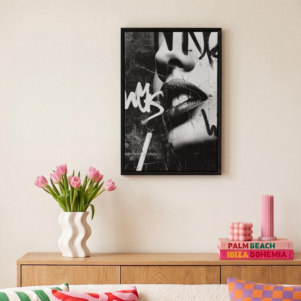 LEINWAND Bilder mit Rahmen - Gesicht - Mund - Graffiti - Schwarz - 20x30 - Schwarz, Textil (20/30cm) - MuchoWow