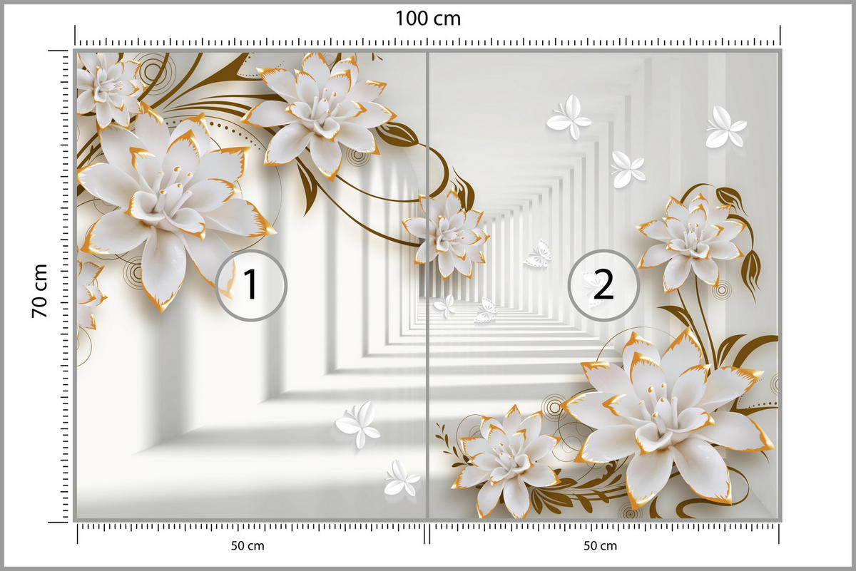 FOTOTAPETE für Wohnzimmer Abstrakter Blumen Tunnel Schmetterlinge 100x70 - Beige/Orange, Papier (100/70cm) - Muralo