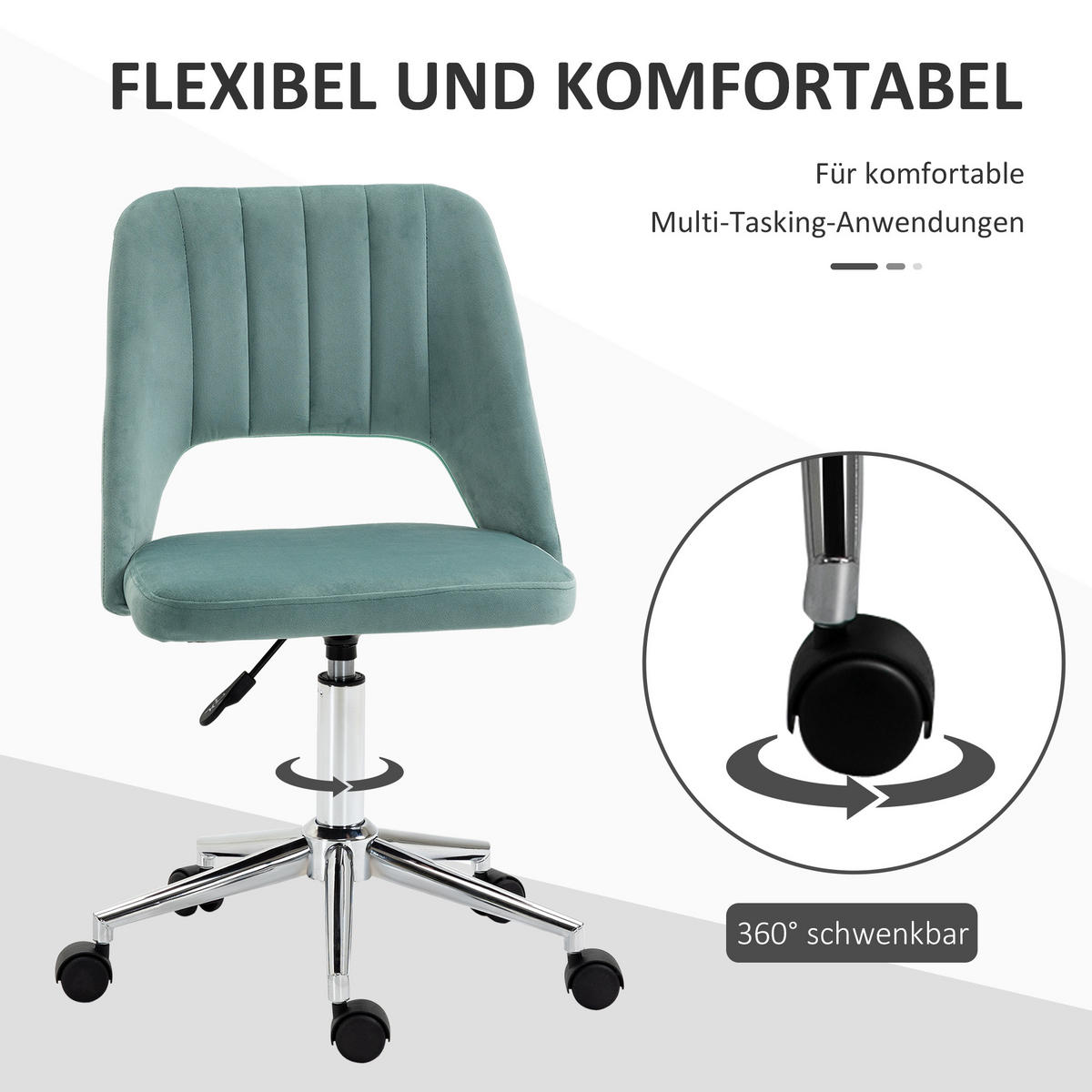 HÖHENVERSTELLBARER Schreibtischstuhl mit Rollen, 360° drehbar, Jakobsmuschel-Form, Schaumstoff, 49 x 60 x 79-91 cm, Grün - Grün, Textil (60/91/49cm)