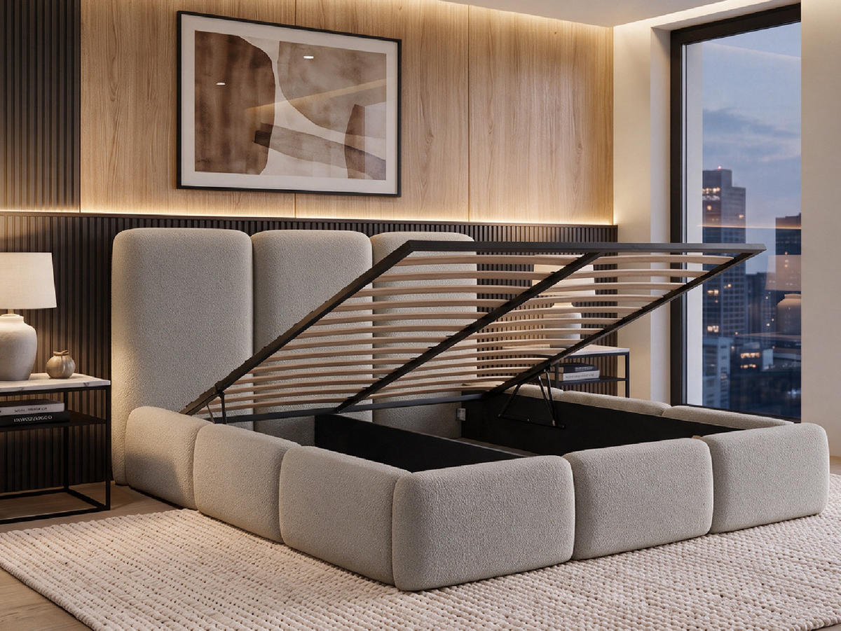 POLSTERBETT VARDO 180x200 cm mit Bettkasten, Stauraum und Metall-Lattenrost – Bouclé Stoff Hellgrau - Hellgrau/Schwarz, Textil/Metall (180/200cm) - Luxkor24
