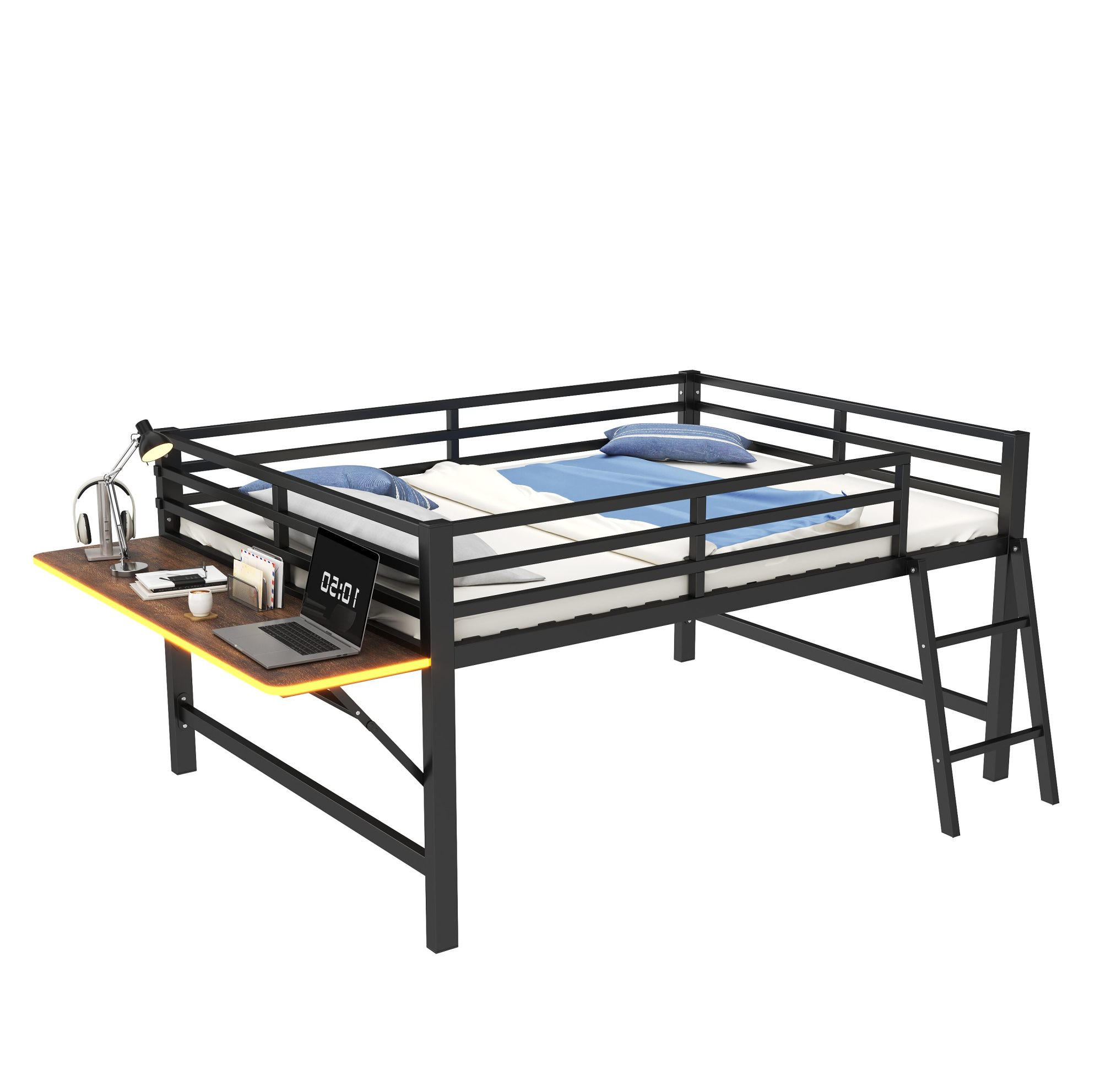HOCHBETT mit Schreibtisch 140/200 cm in Schwarz – aus Metall mit Leiter - Schwarz, Metall (140/200cm) - BEAOK