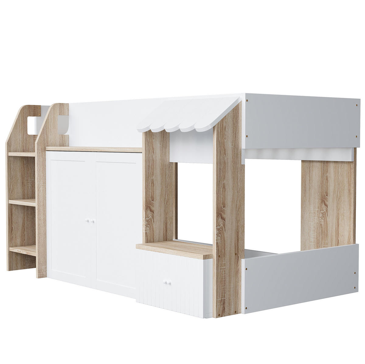 HOCHBETT aus Holz 90x200 cm in Weiß mit Leiter & Stauraum - Weiß, Holzwerkstoff (90/200cm) - Modfu